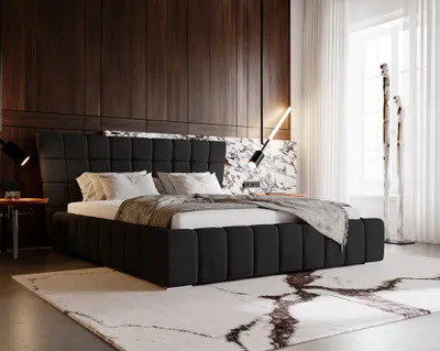 Produktbild von Polsterbett 160x200cm Deluxe - Glamour Schlafzimmerbett, Chesterfield-Kopfteil - Bettkasten, Lattenrost, Schwarz