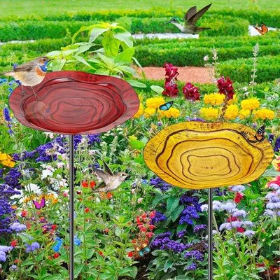 Immagine prodotto di Piccola fontana per uccelli in metallo da giardino, rosso e giallo, 2 pezzi