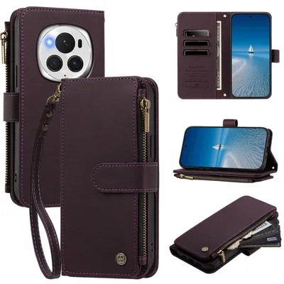 Produktbild von Handyhülle für Honor Magic6 Pro, Leder Klapphülle mit Kartenfächern, Reißverschlussfach und Handschlaufe Lila