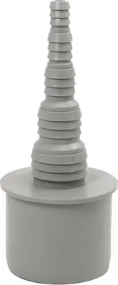 A gray hose adapter with a stepped conical end and a cylindrical base.