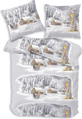 Produktbild von Weihnachten Biber Bettwäsche 155x220cm Grau Winterlandschaft - 100% Baumwolle, Reißverschluss, 80x80cm Kissen, Weihnachtsmotiv, Ganzjährig geeignet