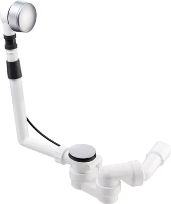A white plastic bath drain assembly with a silver cap on a white background.