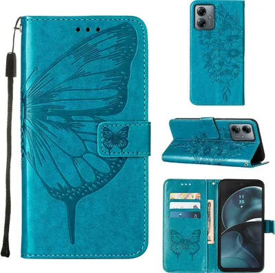 Produktbild von Lederhülle für Motorola Moto G14 Schmetterling Prägung Flip Ledertasche Kartenfächer Handyhülle mit Ständer Blau
