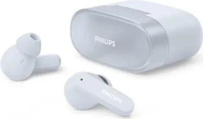 A pair of white Philips in-ear headphones and their charging case are displayed on a white background.