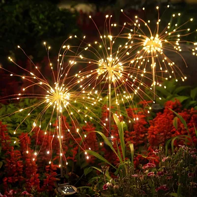Solar-Tuinfackel 2er-Set, 150 LEDs, Feuerwerk-Design, 8 Modi, warmweiß, 90 cm