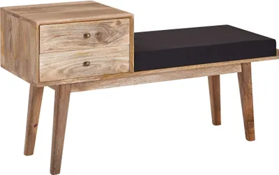 Produktbild von Sitzbank Stoff / Massivholz Bank 120x65x40 cm im Retro Stil | Flur Polsterbank mit Stauraum | Gepolsterte Stoffbank Aufbewahrung Schwarz | Kleine Bettbank Flurbank