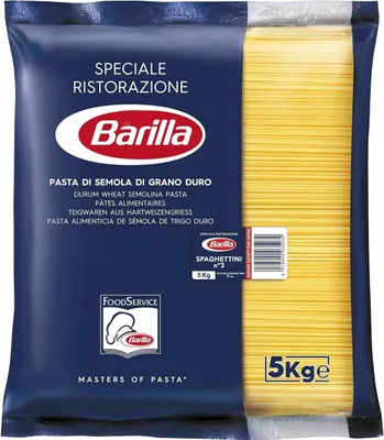 A bag of Barilla Spaghettini pasta.