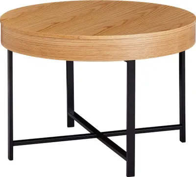 Produktbild von Design Couchtisch Rund Ø 69 cm mit Eichen Optik Tisch mit Stauraum | Lounge-Wohnzimmertisch mit Metallbeine | MDF Beistelltisch