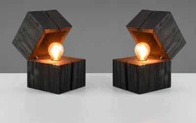 Produktbild von 2er SET kleine ausgefallene LED Tischlampen aus Holz, Nachttischleuchten Schwarz