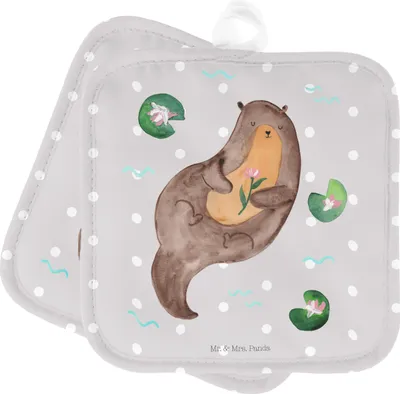 Produktbild von Mr. & Mrs. Panda Topfuntersetzer Otter Seerose - Grau Pastell - Geschenk, Topflappenset, Topflappen, Kochlappen, topfhalter, Wasser, glücklich, Set, Fluss, Seeotter