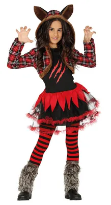Produktbild von schwarz rotes Wolf Halloween Kostüm für Mädchen, Größe:110/116