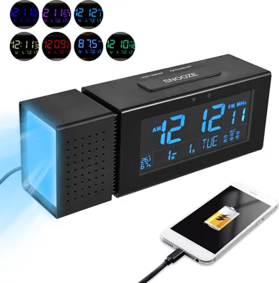 Produktbild von Multifunktionaler digitaler Wecker, elektronische Tischuhr, LCD-Bildschirm, 7 Hintergrundbeleuchtungsfarben, Luftfeuchtigkeits-/Temperaturanzeige mit Schlummerfunktion, Nachtlicht, FM-Radio, USB-Ausgang, IR-Sensorfunktionen fuer das Heimbuero