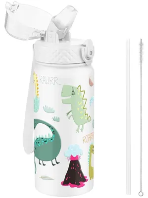 Produktbild von Trinkflasche Kinder 550ml Edelstahl mit Strohhalm auslaufsicher BPA-frei Weißer Dinosaurier