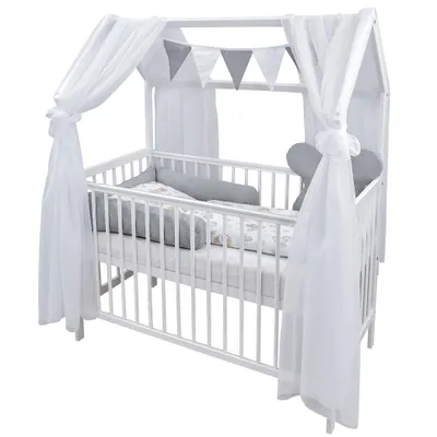 Produktbild von Baby-Delux Hausbett Kinderbett Gitterbett weiß 60x120 Beißschienen Matratze Bett Set Waffelpique Koala