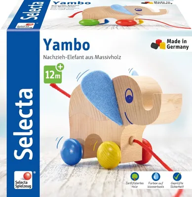 Image de Selecta Jouet Yambo Eléphant à tirer, Jouet à pousser, Jouet pour tout-petits, Bois, 13 cm, 62000