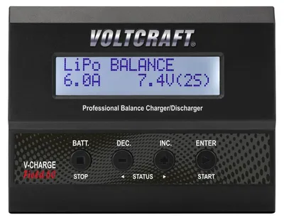 A close-up studio shot of a black VOLTCRAFT V-Charge 60 DC balance charger/discharger.
