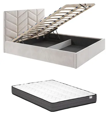 Produktbild von Boxbett 180 x 200 cm - Strukturierter Stoff - Creme + Matratze - JUSTANI