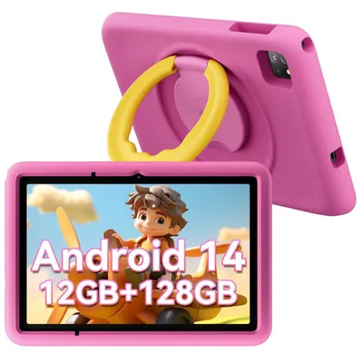 A pink tablet with a yellow handle is shown, with the screen displaying an animated character and text.