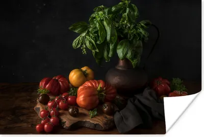 Produktbild von MuchoWow® Poster Stilleben - Tomaten - Basilikum - Gemälde - Gemüse - Schwarz 120x80 cm - Bilder