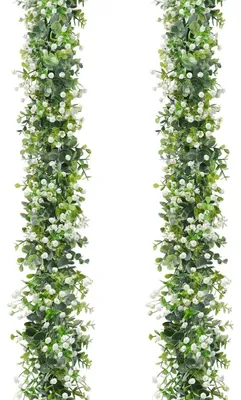 Productafbeelding van Kunstmatige eucalyptuskrans met witte bloemen, 2 stuks, 180 cm, UV-bestendig, geschikt voor binnen- en buitengebruik