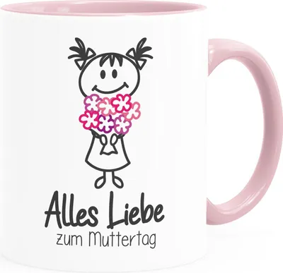 Produktbild von Kaffee-Tasse Alles Liebe zum Muttertag Blumenstrauss Strichmännchen Geschenk für Mama SpecialMe® inner-rosa Keramik-Tasse