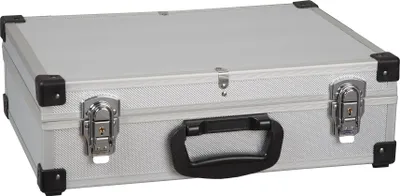 A silver aluminum case with black accents and a black handle, shown from a slightly elevated front-left angle on a white background.