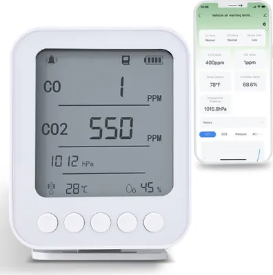 Produktbild von 6-in-1-Luftqualitaetsmonitor, 5-Zoll-LCD-Display, BT Tuya APP-Steuerung, CO2-Detektor mit 128 MB sicherer digitaler Speicherkarte, Hintergrundbeleuchtung, Typ-C-Aufladung, 5 V CO, CO2-Hoehe, Luftdruck, Temperatur, Luftfeuchtigkeit, Echtzeitueberwachung fuer landwirtschaftliche Pflanzungen