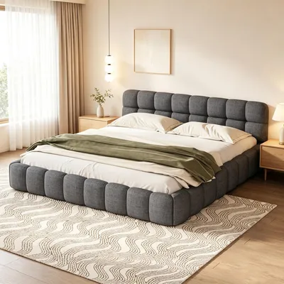 Immagine prodotto di INONEFT Bubble Bett 140x190: Letto imbottito con rete a doghe, matrimoniale/letto per ragazzi, struttura letto con testiera imbottita, tessuto di lino, colore grigio