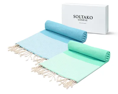 Produktbild von XL Strandtuch / Fouta / Hamamtuch / 1x2m / 2er Set / Design „SANTORINI“ in Mint & Aqua