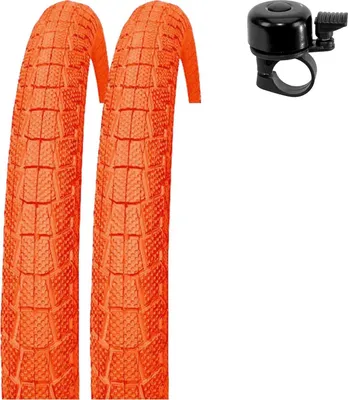 Zdjęcie produktu dla 2 x Kenda K-907 Krackpot 20" opona rowerowa BMX w kolorze pomarańczowym 50-406 (20 x 1,95) wraz z dzwonkiem rowerowym