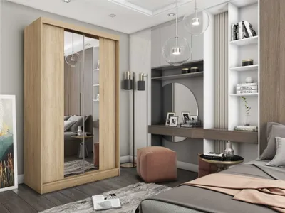 Produktbild von AGMAT Schwebetürenschrank  Lyon, Kleiderschrank mit 2 Türen, Moderne Garderobe in Farbe: Sonoma, Schrank in Größe: 150 x 216 x 61 cm