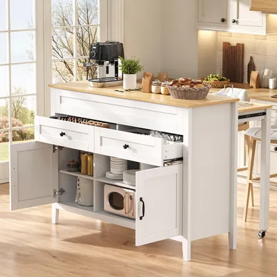 Imagen del producto de Isla de cocina Merax con mesa extensible, armario de cocina con encimera, 2 cajones, puertas, carro de servicio, carro de cocina, color blanco y natural