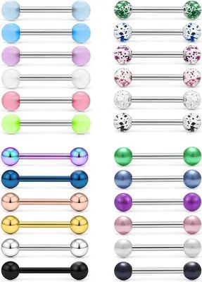 Image de 24 piercings pour la langue, en acier chirurgical 14G, avec des boules de 12/14/16/18 mm