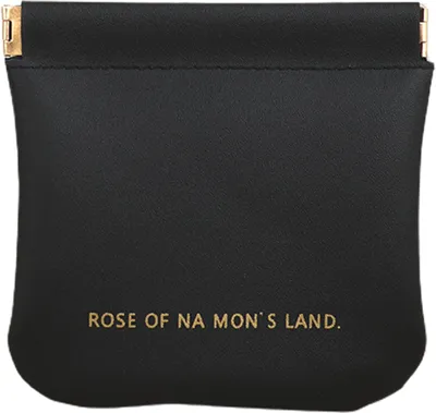 A black coin purse with gold-colored hardware and text.