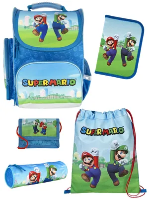 Produktbild von Schulranzen 1. Klasse für Jungen und Mädchen in Blau mit SUPER MARIO Motiv 5 tlg. Schultaschen Set mit Federmäppchen