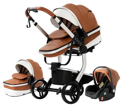 Imagen del producto de Cochecito 3 en 1: Cochecito plegable con revestimiento de cuero sintético y asiento de coche. Color: caqui