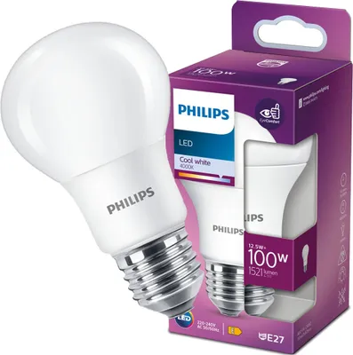 Obrázek produktu pro Philips Žárovka 100 W A60 E27, 12,5 W, 100 W, E27, 1521 lm, 15000 h, Chladná bílá