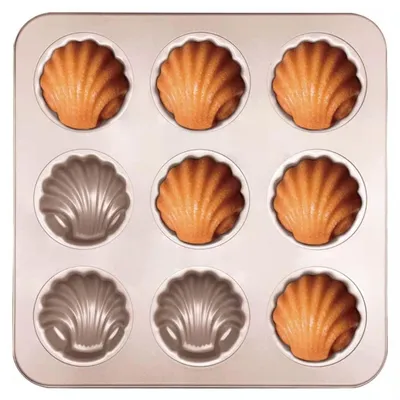 Image de Moules à muffins Madeleine, forme coquillage, en acier au carbone antiadhésif, avec 9 cavités