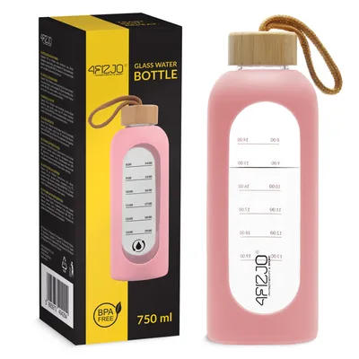 Produktbild von 4FIZJO Glas Trinkflasche 750 ml, Sportflasche, Borosilikat, Bambusdeckel, Silikonhülle, rosa