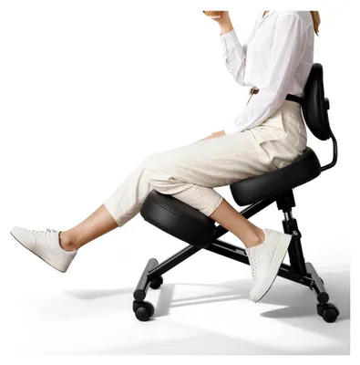 Produktbild von Ergonomischer Kniestuhl mit Rollen und Rückenlehne, höhenverstellbarer Kniehocker in X-Form mit dicken Schaumstoffpolstern zur Entlastung von Nacken und Rücken, für Zuhause, Büro und Meditation