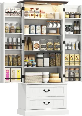 Image de HOMCOM Buffet haut cuisine avec LED à capteur, armoire de cuisine, 2 portes, 10 porte-épices, 2 tiroirs et étagères réglables, meuble de rangement pour salon, salle à manger, 76x39,5x183cm, blanc
