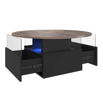 Produktbild von Radelldar Wohnzimmertisch Beistelltisch rund mit 2 Schubladen LED-Beleuchtung, Schwarz+Braun
