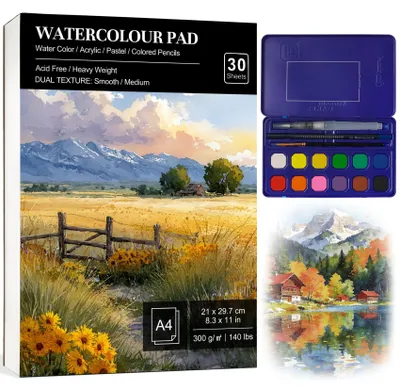 Produktbild von A4 Aquarellblock mit 30 Blättern Aquarellpapier und Malset
