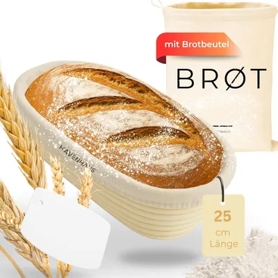Produktbild von HAVENHAUS Gärkörbchen oval 25cm | Rattan Gärungskorb für 1kg Teig inkl. praktischem Zubehör; hochwertiger Gärkorb Brot aus Peddigrohr lebensmittelecht