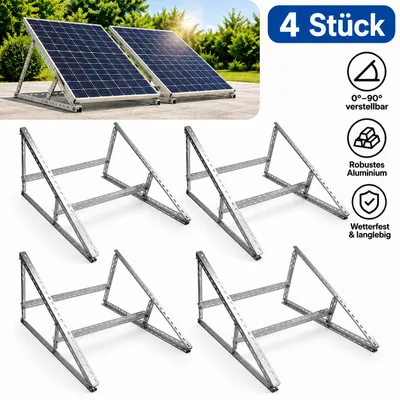 Immagine prodotto di 4 supporti per pannelli solari, lunghezza 118 cm, staffa fotovoltaica regolabile da 0° a 90° per tetti piani, balconi, pareti e camper, in alluminio
