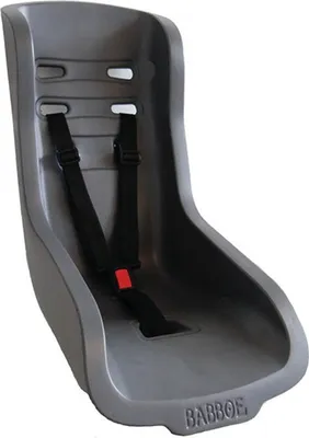 A gray child seat with black straps and a red buckle, shown from a slightly elevated side angle against a white background.