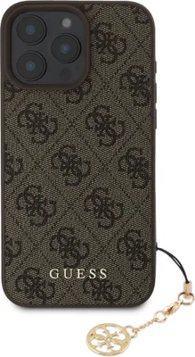 A brown Guess branded phone case with a monogram pattern and a gold charm attached.