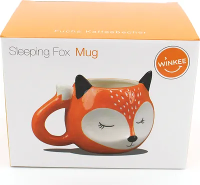 The image shows the packaging of a "Sleeping Fox" mug, with the mug itself partially visible.