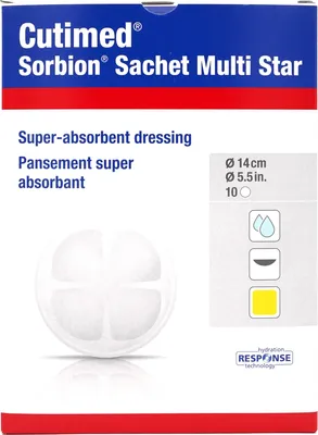 Imagen del producto de Cutimed Sorbion Multistar, apósito para heridas, presentación en sobres, tamaño 14 cm, caja de 10 unidades