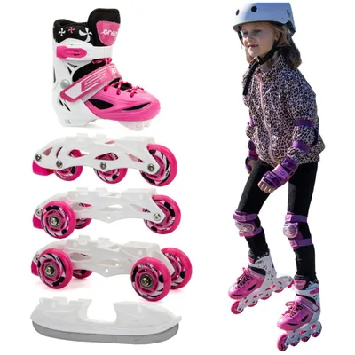 A girl wearing roller skates and protective gear, with various roller skate components displayed separately.